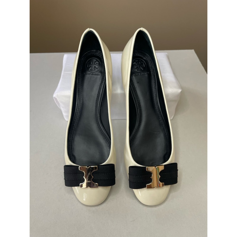 Tory Burch White Leather Black Bow Block Heels Shoes 8.5